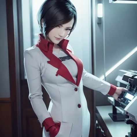 (best quality, realistic), ada wong as a scientist sexy pose, wearing white laboratory coat, sweat, smile sadistically,  evil gl...