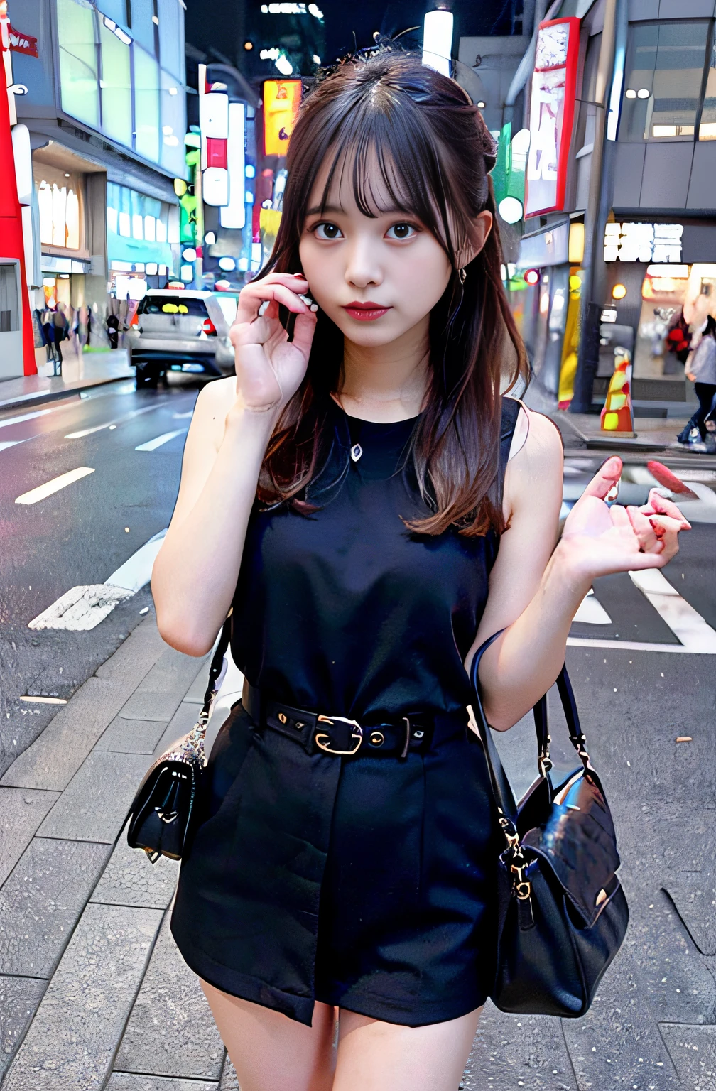 女の子1人、25-years old、on tokyo street、deep in the night、A city scape、city light、165cm、thighs thighs thighs thighs、beauty legs、Black Dress、Black bag、irate、glares、a cold expression、feeling of disgust、Calling、phone、Smartphone、Smartphones(8K、Raw photography、top-quality、​masterpiece:1.2)、(realisitic、photoRealstic:1.37)、