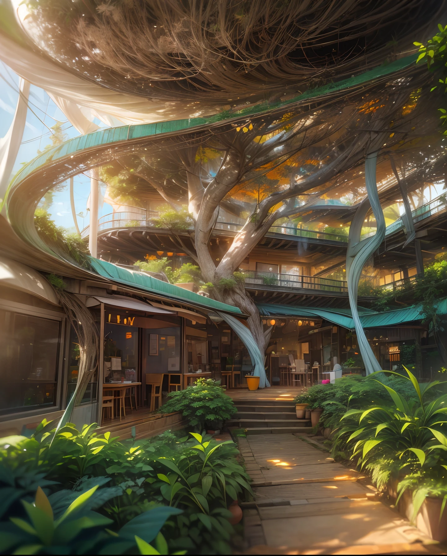 vista exterior de un pequeño café en Brasilia con abundante vegetación que rodea la terraza, une architecture futuriste accueillante, Arquitectura paramétrica, y un ambiente solarpunk, (8K, foto cruda, mejor calidad, obra maestra:1.2, Obra maestra8K.hdr. altosresabsurdres:1.2, grano de la película, bokeh borroso:1.2, Destello de lente, (color vibrante:1.2), (delicado))