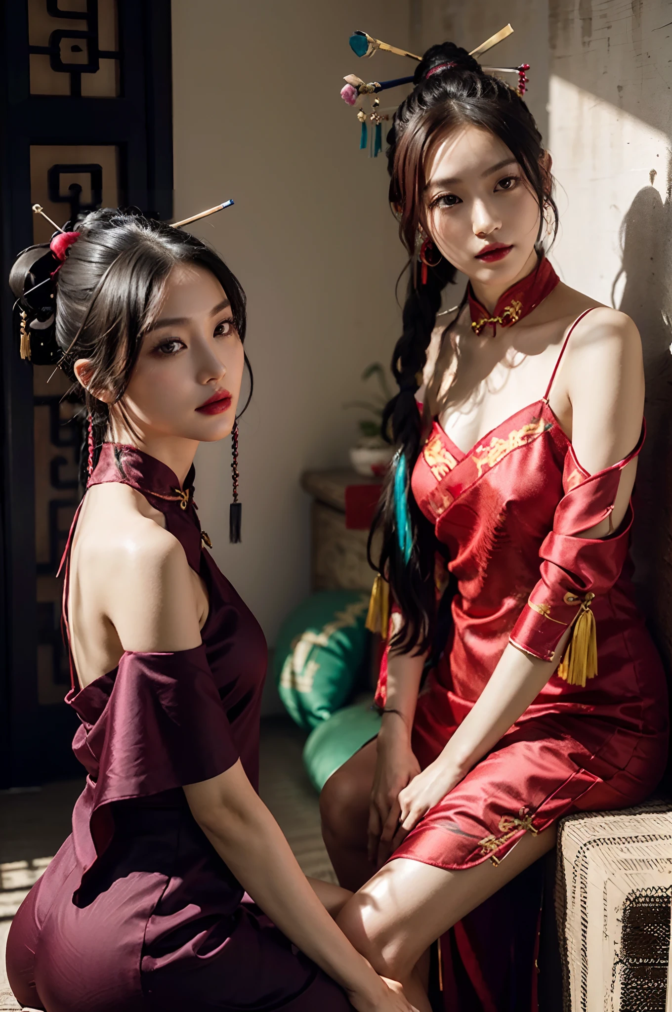 high-level image quality、Like a shot with an SLR、Sensual body,thighs、slit、Painting a work of art depicting two women in a traditional cheongsam sitting together,duo,leering:1.3,Chinese hair ornament:1.4,Chinese hairpins:1.4,Chinese hairsticks:1.4