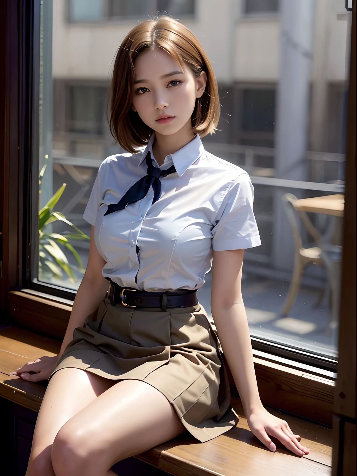 top-quality, ​masterpiece, high-detail, 16k image, Beautiful , Medium bob hair,beautiful hair of light brown color, beautiful eyes of light brown, (plump big breasts), High School Uniforms, Constricted waist, White blouse with short sleeves, pleatedskirt, High school girl sitting by window in café, red blush, Behind the window, Rain falls softly, City lights create a beautiful scene,
