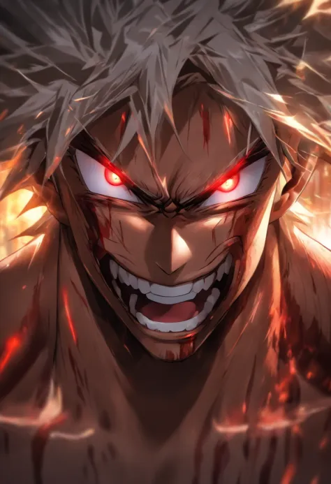 High quality, Ultra detailed, Man no shirt, Face behind the camera，Head facing the camera, Ultra photo realsisim, Red eyes, White hair, On the road, standing, scar across the nose, fangs on theet, white eyes