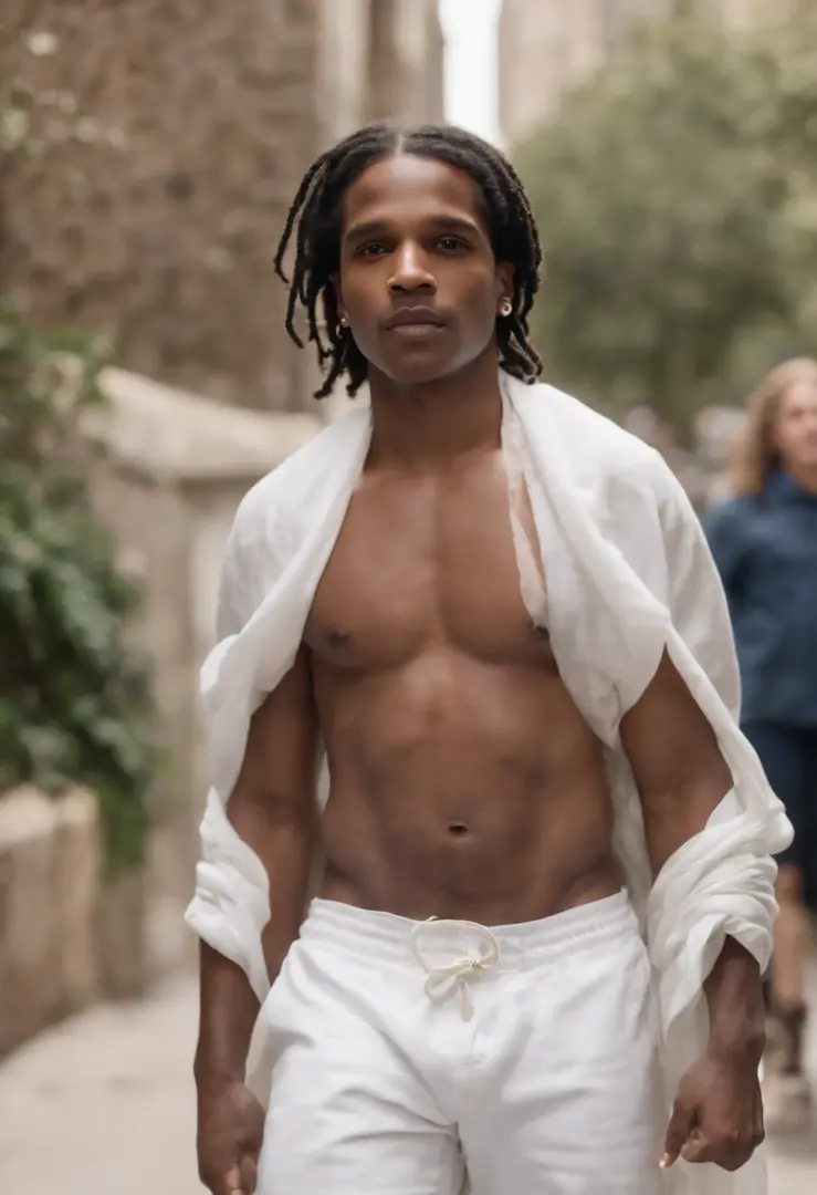 a$ap rocky wearing a white thong giving himself a wedgie, white