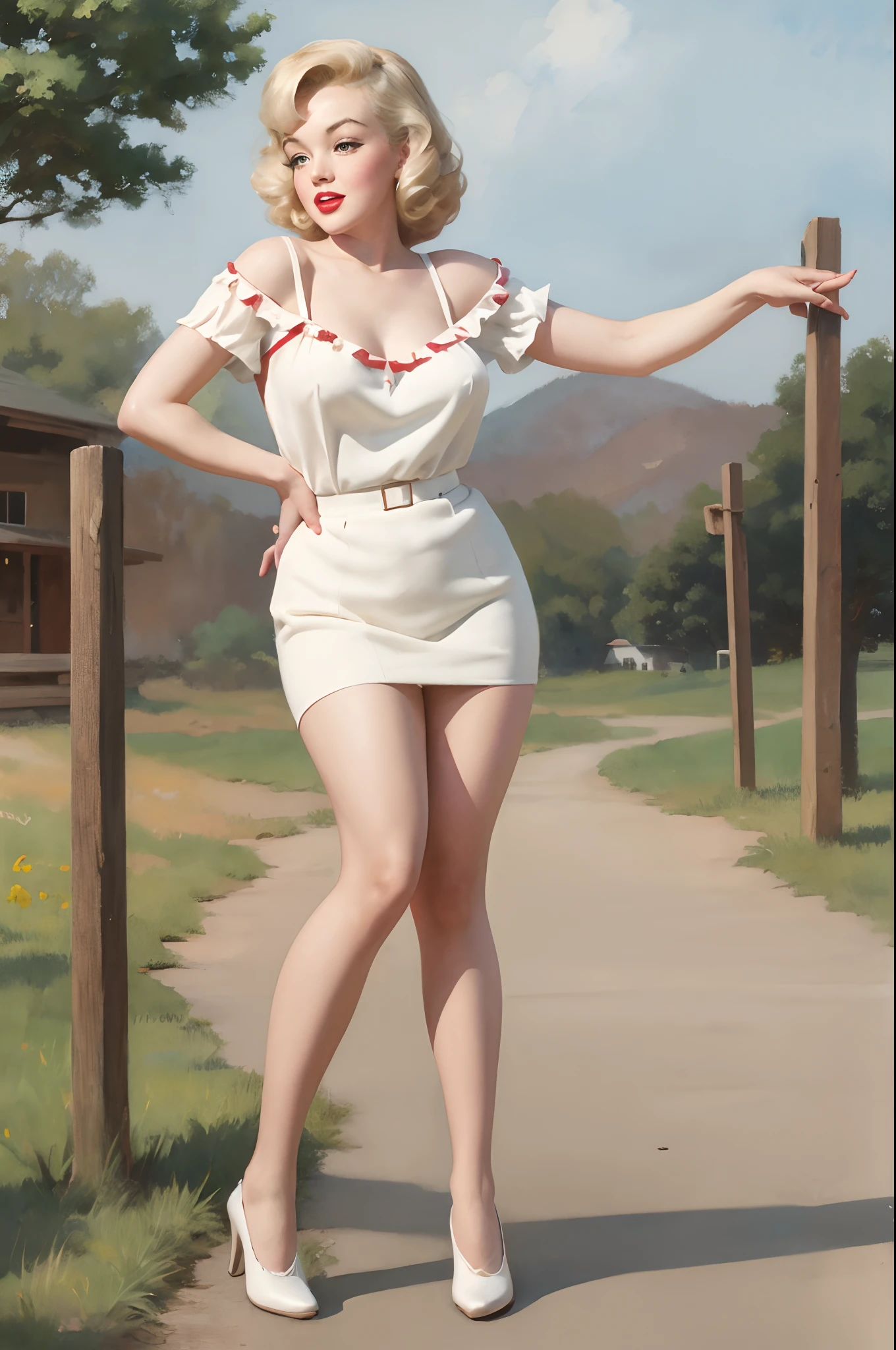 1970s Watercolor, Pen and Ink, a 25 years old Marilyn Monroe in retro fashion, pin-up style, full body, depiction of rural life, light gray and light brown and red and white and blue, in the style of classical Americana, mottled, playful innocence, white dotted, cutout from white background, in the style of Norman Rockwell, masterpiece art work.