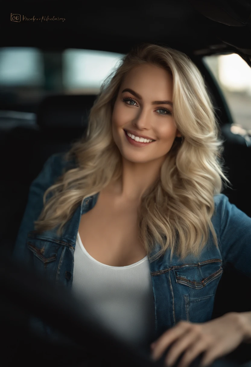 a smiling blonde in a car, sexy 25 year old. realistic photo. ultra detailed. in sexy clothes HDR, very realistic, photorealism, 8k, cinematic lighting, natural pose, hispanic, full body, perfect angle, sexy girl with brown eyes, ultra realistic, very detailed, large eyes, without makeup, natural makeup, looking directly at the camera, face with artgram, subtle makeup, medium to large size bust, , sexy, professional, shot on canon, 85mm shallow depth of field, kodak vision color, realistic skin texture, best quality