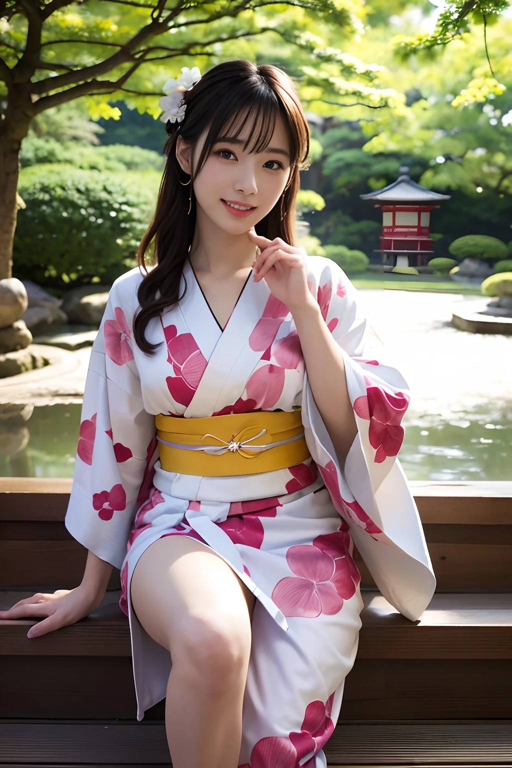((qualité supérieure、chef d&#39;oeuvre、photographiqueréaliste:1.4、en 8K))、belle femme japonaise１une personne、２5 ans、beaux cheveux、Visage délicat et beau、Yeux et visages détaillés 、(jardin japonais:1.2)、(ouvrir les jambes:1.2)、bel éclairage、Un sourire、Peau texturée、super détail、détails élevés、haute qualité、haute résolution、(kimono:1.3)、frange、Levez-vous et posez、Bouche détaillée、Ouverture de la bouche、jambes nues、cerisier
