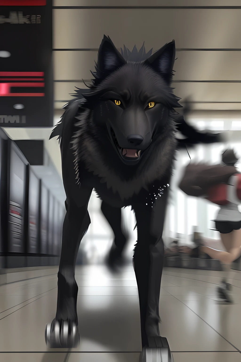 There is a black wolf walking through a hallway with people walking by -  SeaArt AI