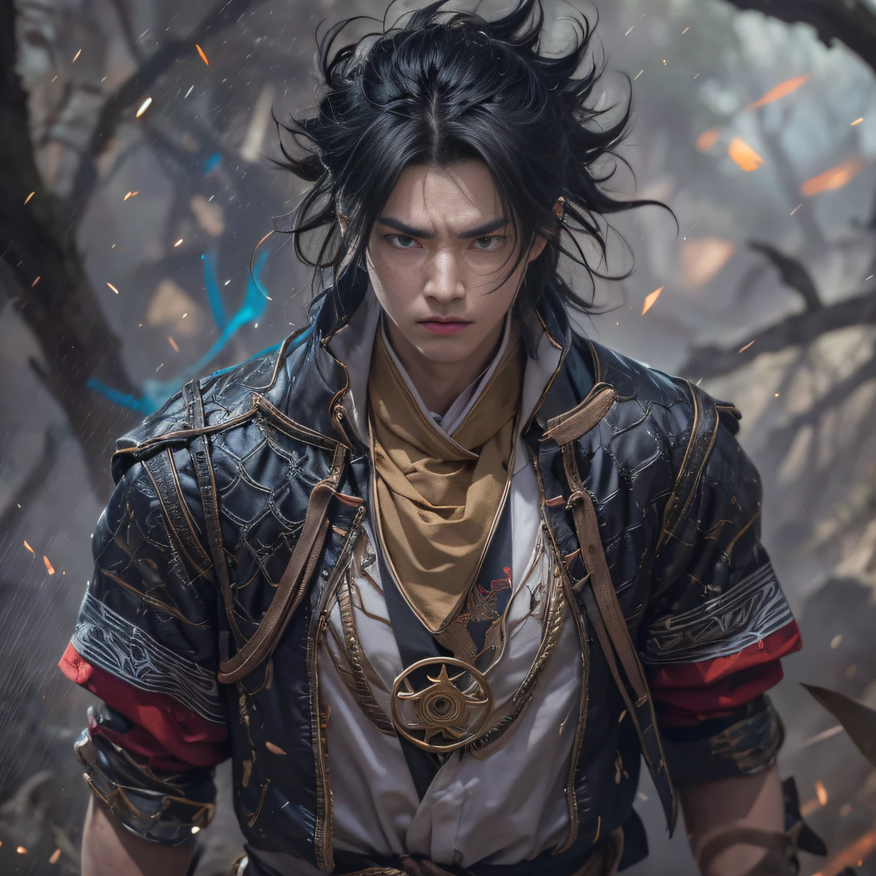 （废墟）eyes filled with angry，He clenched his fists，Rush up，Deliver a fatal blow to your opponent，full bodyesbian，Full Body Male Mage 32K（tmasterpiece，k hd，hyper HD，32K）Long flowing black hair，Campsite size，zydink， a color， patriot （废墟）， （Linen batik landscape scarf）， Angry fighting stance， looking at the ground， Batik landscape linen bandana， Chinese crocodile pattern long sleeve garment， （Abstract propylene splash：1.2）， Dark clouds lightning background，Flour flies（realisticlying：1.4），Black color hair，Flour fluttering，Background fog， A high resolution， the detail， RAW photogr， Sharp Re， Nikon D850 Film Stock Photo by Jefferies Lee 4 Kodak Portra 400 Camera F1.6 shots, Rich colors, ultra-realistic vivid textures, Dramatic lighting, Unreal Engine Art Station Trend, cinestir 800，Flowing black hair,（（（Male mage））），The male mage was furious，