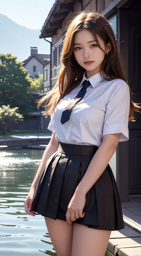 High Top Quality, Masterpiece, High Definition, 16k image, beautiful high school girl, medium bobbed hair, beautiful light brown hair, beautiful light brown eyes, (plump big tits), high school uniform, nipped in waist, short sleeved white blouse, pleated s...