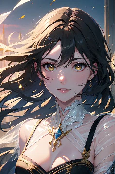 best quality,4k,8k,highres,masterpiece:1.2,ultra-detailed,ultra-detailed,beatiful detailed eyes,realistic:1.37,elegant,portrait, sexy, ethereal atmosphere, black hair, yellow eyes, flowing hair,windswept clothes,cinematic lighting,vivid colors,expressive e...