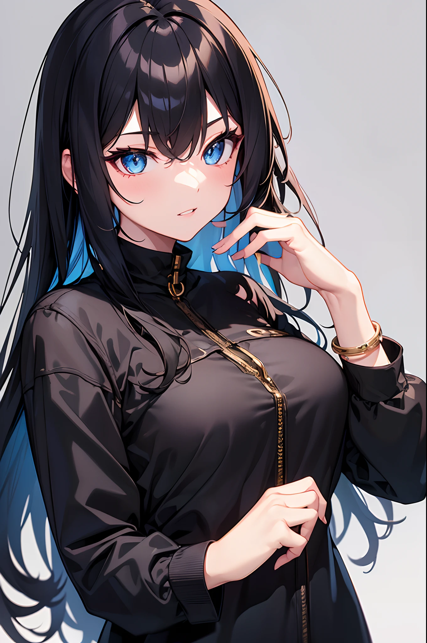 Anime girl with long black hair and blue eyes holding a cell phone ...