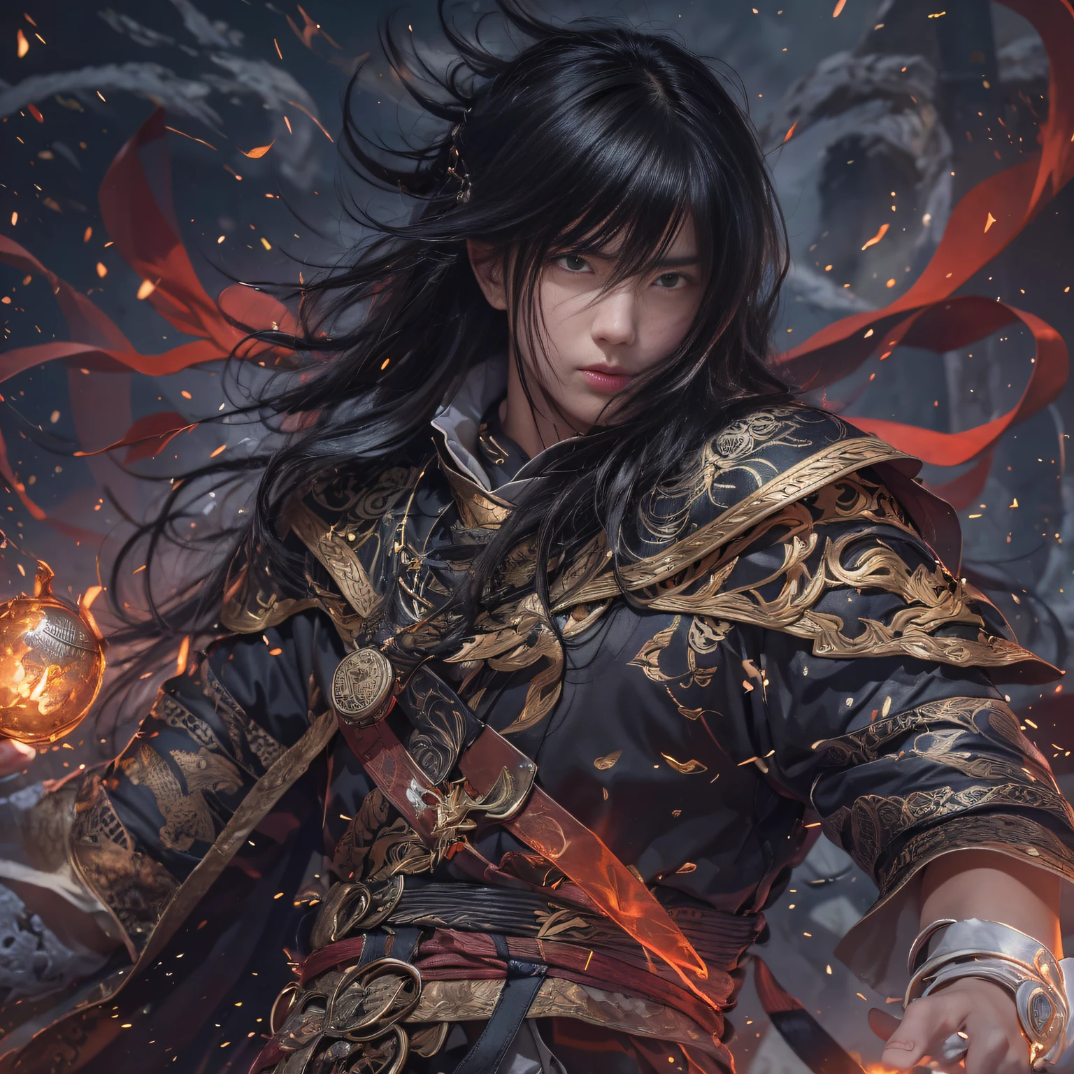 （ruins）eyes filled with angry，He clenched his fists，Rush up，Deliver a fatal blow to your opponent，full bodyesbian，Full Body Male Mage 32K（tmasterpiece，k hd，hyper HD，32K）Long flowing black hair，Campsite size，zydink， a color， patriot （ruins）， （Linen batik scarf）， Angry fighting stance， looking at the ground， Batik linen bandana， Chinese python pattern long-sleeved garment， （Abstract propylene splash：1.2）， Dark clouds lightning background，Flour flies（realisticlying：1.4），Black color hair，Flour fluttering，Background fog， A high resolution， the detail， RAW photogr， Sharp Re， Nikon D850 Film Stock Photo by Jefferies Lee 4 Kodak Portra 400 Camera F1.6 shots, Rich colors, ultra-realistic vivid textures, Dramatic lighting, Unreal Engine Art Station Trend, cinestir 800，Flowing black hair,（（（Male mage））），The male mage was furious，