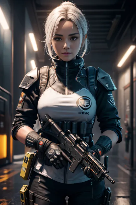 ((best quality)), ((master part)), (High detail:1.3), ....3d, machine gun in hand, Beautiful (Cyberpunk:1.2) 5 Special Forces, Robbot, Mulher com cabelo grosso e fofo (camuflar_uniforme:1.1), bullet proof vest, capa de chuva, digital (camuflar: 1.3), HDR (...