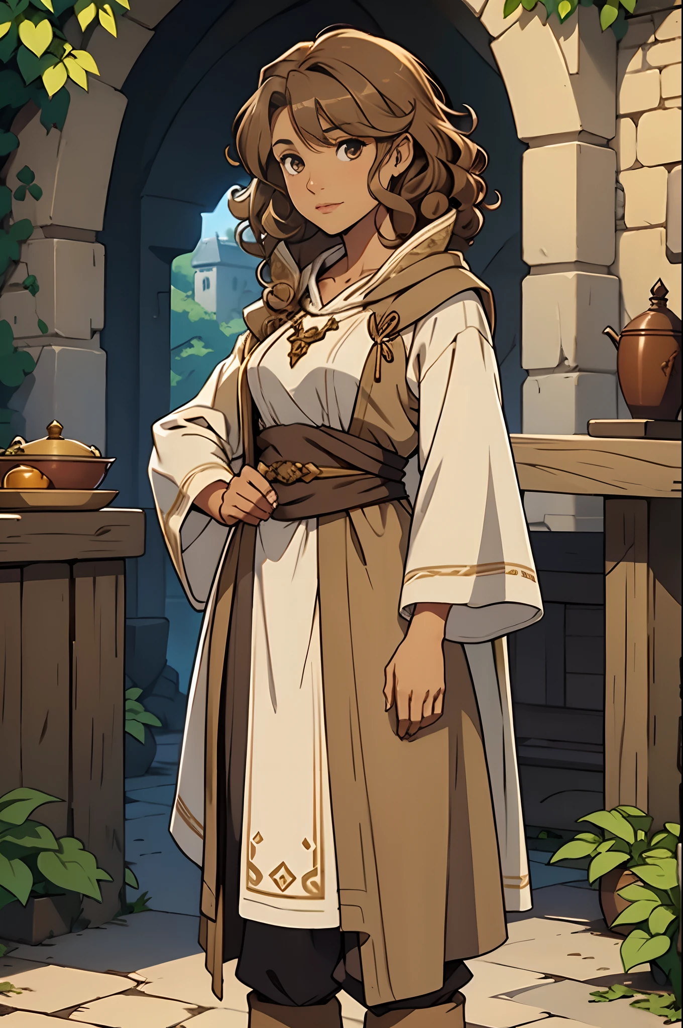 Solo, female, bard, standing, looking at viewer, tan skin, fantasy village, linen tunic, cloak, light brown hair, curly hair, highlights