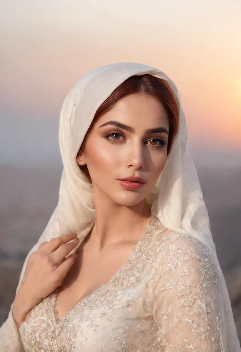 8k, RAW photo, best quality, masterpiece:1.2),(realistic, photo-realistic:1.37),sunset,soft light,"photo of a Beauty Arabic women with Huge boob,hijab, extremely beautiful face,bust,Random hairstyle,red hair color,Naughty expression,pigsney, adult content,nsfw,cleavage