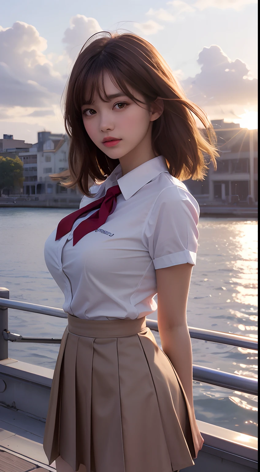 top-quality, masutepiece, High Definition, 16k image, (Sunset sky), Beautiful clouds dyed red, Dazzling sunset, Sunset sky reflected on the surface of the water, Beautiful High School Girl, (red blush), (Medium bob hair), Beautiful light brown hair, beautiful light brown eyes, (plump big breasts), High , Constricted waist, White blouse with short sleeves, Pleated skirt , High school girl standing on the pier on the riverbank, Be mesmerized by the mesmerizing reflection of the sunset on the surface of the water. Uniform skirt sways lightly in the wind,