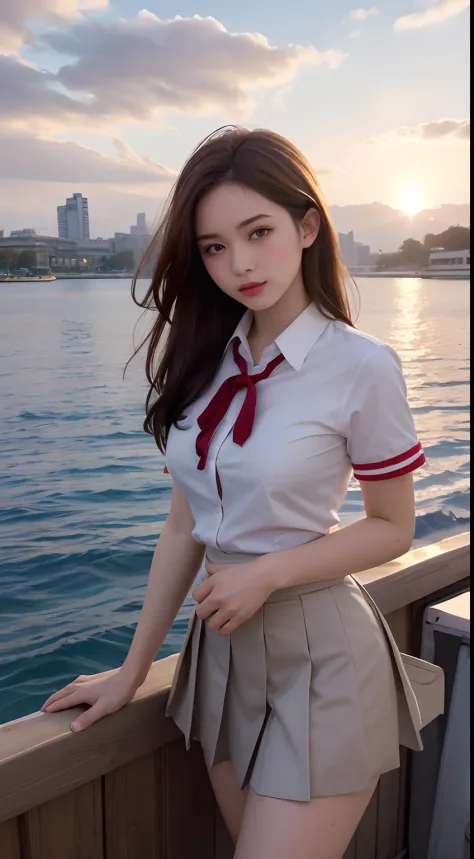 top-quality, masutepiece, High Definition, 16k image, (Sunset sky), Beautiful clouds dyed red, Dazzling sunset, Sunset sky reflected on the surface of the water, Beautiful High School Girl, (red blush), (Medium bob hair), Beautiful light brown hair, beauti...
