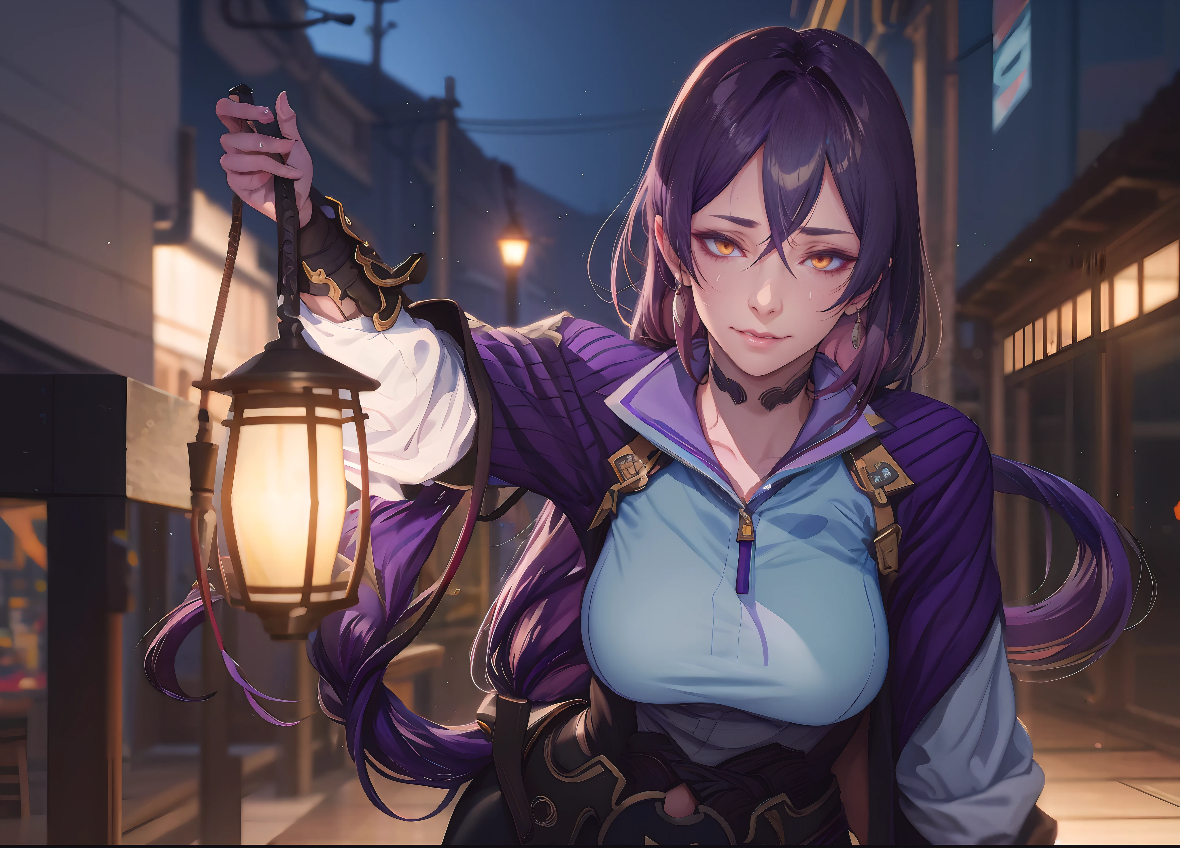 hmmr1, minamoto no raikou (fate), (dark-purple hair, long hair:1.7), 1girl, sunglasses, blurry background, breasts, eyewear_on_head, choker, depth_of_field, looking_at_viewer, solo, large_breasts,  blurry_foreground, building, lips, jacket, blurry_background, holding lamp, glow effects, godrays, Hand drawn, render, 8k, octane render, cinema 4d, blender, dark, atmospheric 4k ultra detailed, cinematic, Sharp focus, big depth of field, Masterpiece, colors, 3d octane render, 4k, concept art, trending on artstation, hyperrealistic, Vivid colors, extremely detailed CG unity 8k wallpaper, trending on CGSociety, Intricate, High Detail, dramatic,