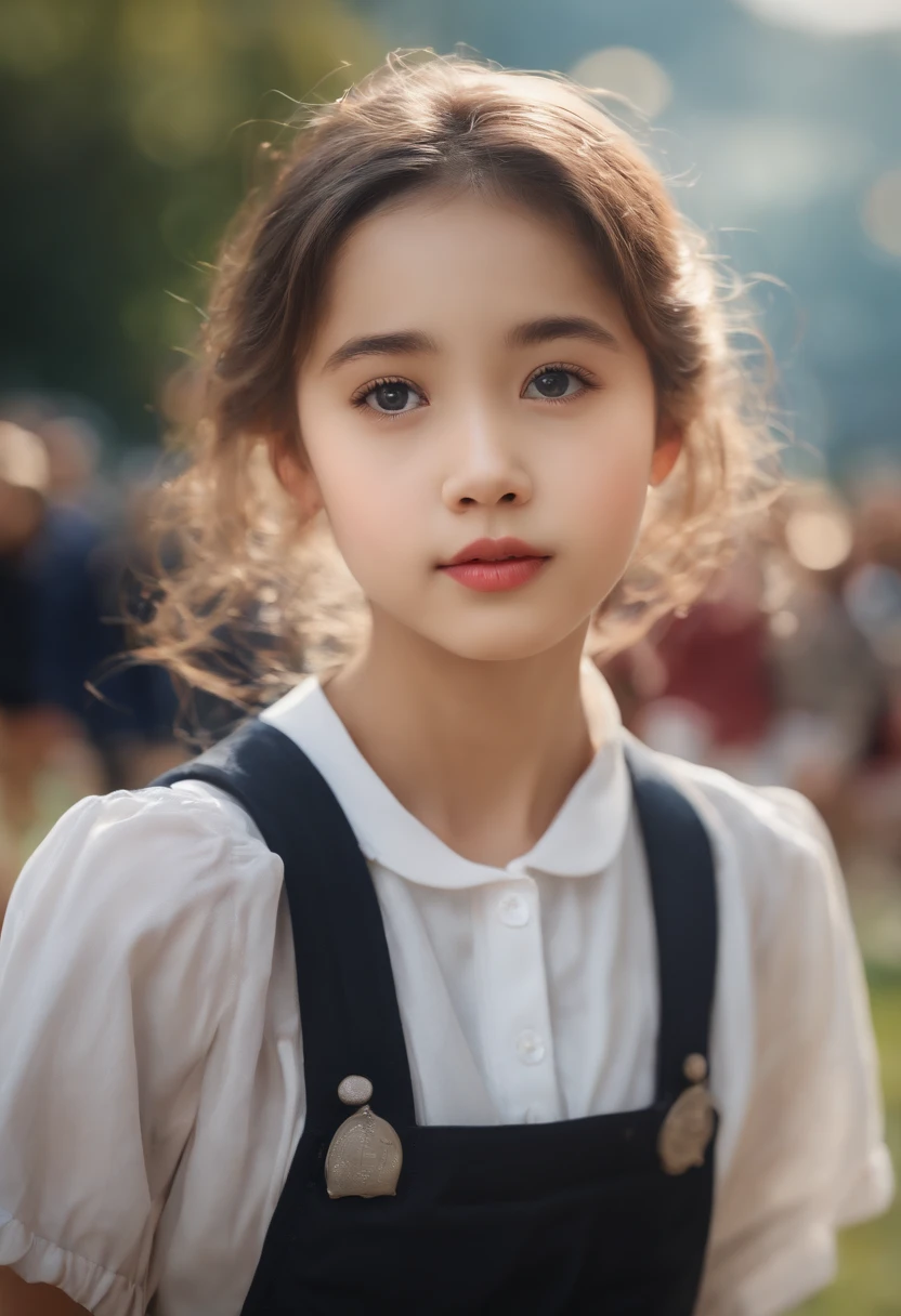 Best quality, masterpiece, super high resolution, (realistic: 1.4), original photo, head photo, skin, simple background, black eyes, detail, selfie, 1 girl, , on the playground side, looking at the audience,