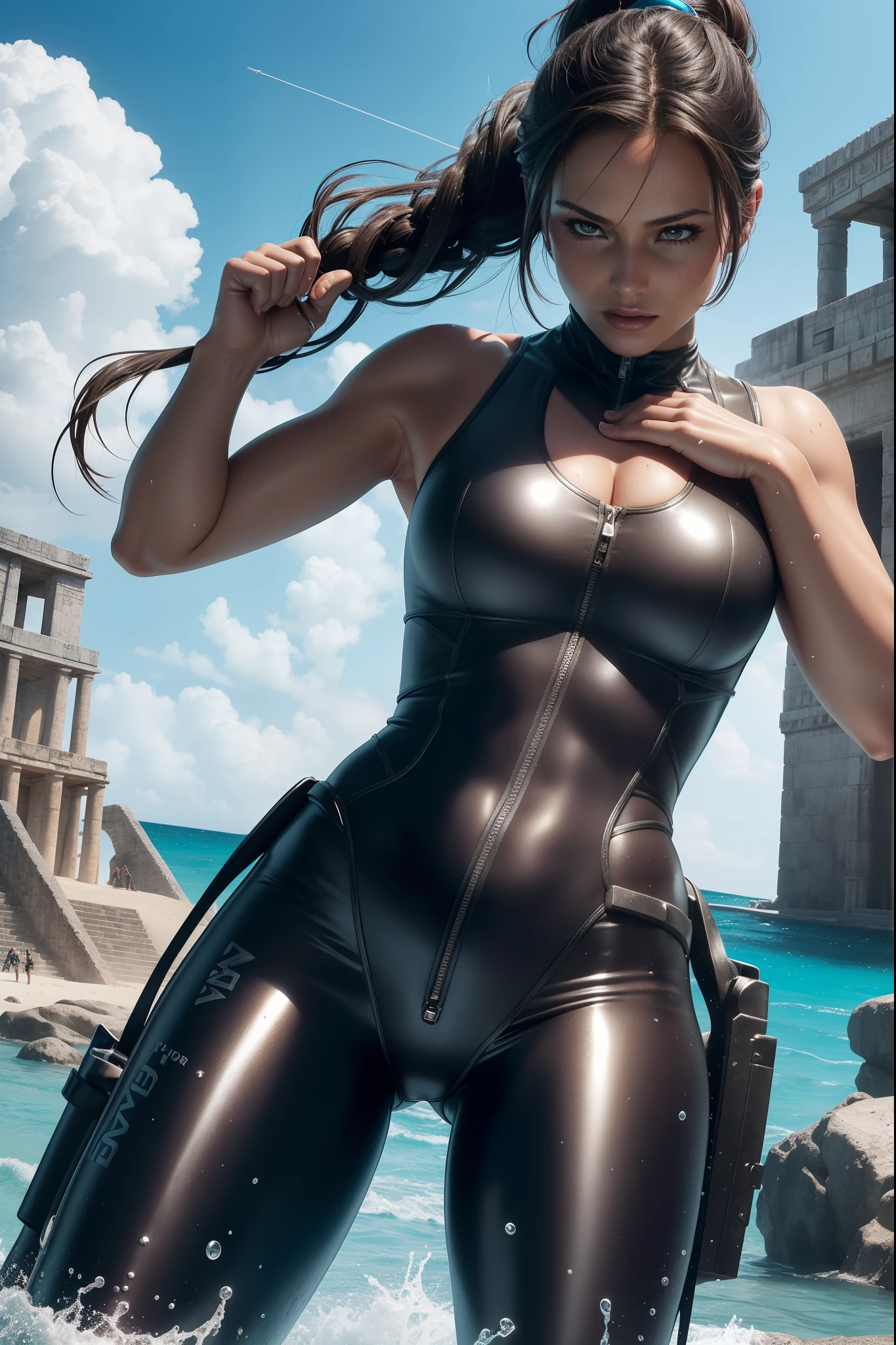 A woman in a wetsuit posing in the water with a gun - SeaArt AI