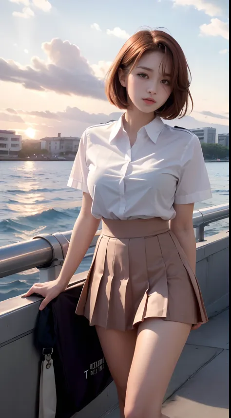 top-quality, masutepiece, High Definition, 16k image, (Sunset sky), Beautiful clouds dyed red, Dazzling sunset, Sunset sky reflected on the surface of the water, Beautiful High School Girl, (((Opening legs))), ((red blush)), (Medium bob hair), Beautiful li...