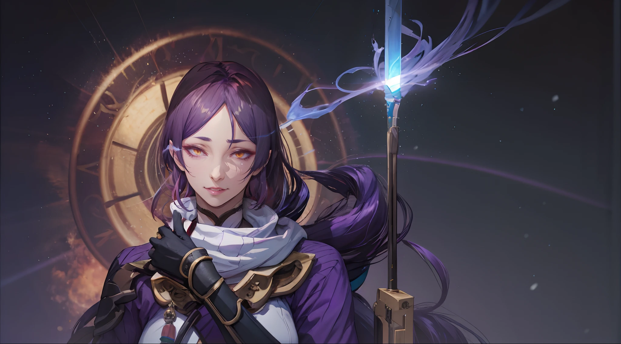 hmmm1, minamoto no raikou (Destino), (Escuro-purple hair, cabelo longo:1.7), arte épica, arte de fantasia, uma mulher parada na frente de um relógio segurando uma varinha, um retrato de personagem, por Yang J, vencedor do concurso pixiv, maya ali como um mago relâmpago, renderizared in 4 k, npc com auréola de santo, ilustre, estilo de arte arcano, ( ( deus rei da arte ai ) ), altamente detalhado), Hera, expressão astuta, efeitos de brilho, Deus, Desenhado à mão, renderizar, 8K, renderização de octanagemizar, cinema 4d, Liquidificador, Escuro, atmospheric 4K ultra detailed, cinematic, foco nitído, grande profundidade de campo, obra de arte, cores, 3d renderização de octanagemizar, 4K, arte conceitual, tendências no artstation, hiperrealista, Vivid cores, extremely detailed CG unity 8K wallpaper, tendências na CGSociety, Intrincado, alto detalhe, dramático,