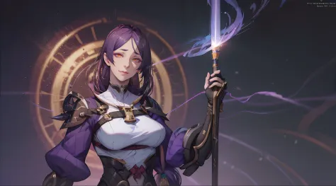 hmmr1, minamoto no raikou (fate), (dark-purple hair, long hair:1.7), epic art, fantasy art, a woman standing in front of a clock...