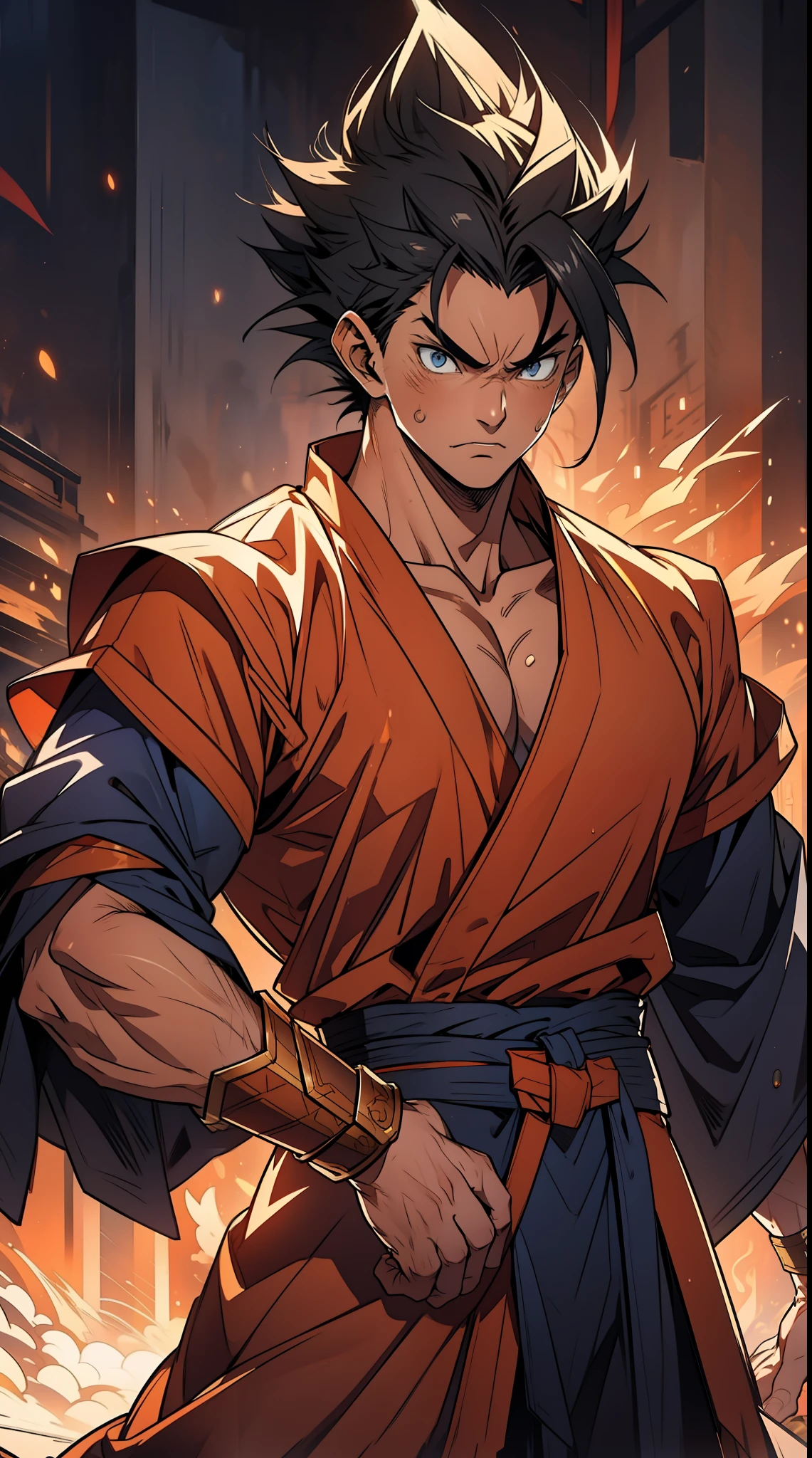 quadratic element，style of shonen anime artwork，mtu（Male Warrior）goku，The proportions are correct，Face details，highly detailed eyes, swordsmen，goku hairstyle，Neck details，Blue suit，kaftan，long blue robes，clothes details，getting ready to fight，short sleeves，Game quality，Swordsmanship，Light and shadow tracking，Ray traching，detailed glow，cg render，hair detail，silver goku style hair，blue colored eyes，Handsome，Handsome，（juvenile sense），Clothing is complicated，Perfectcomposition，Refinement，high qulity，higher details，Lots of details，The background is complex，a sense of atmosphere, angry looking, ((anime))((colorful)), 8k, ((masterpiece)), HDR, highly detailed, professional