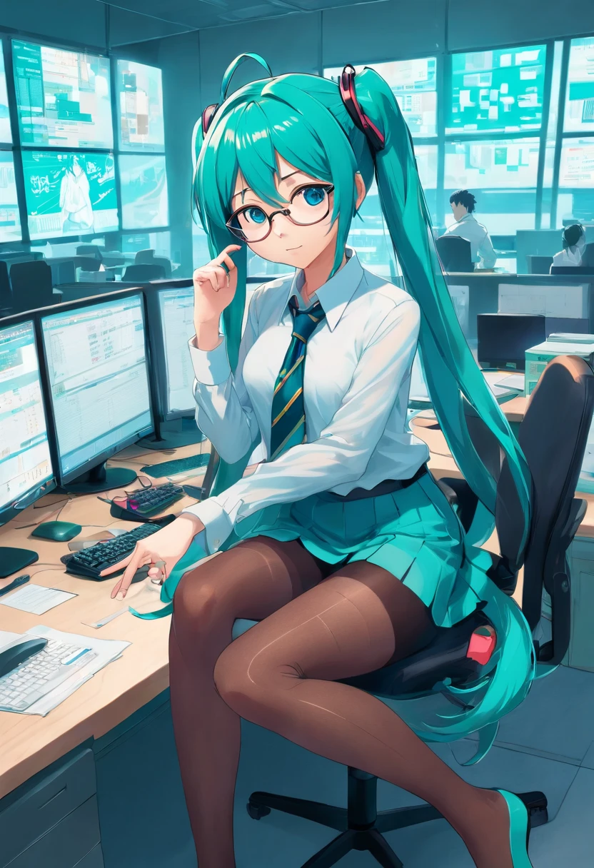 Anime girl sitting at a desk with a computer and a keyboard - SeaArt AI