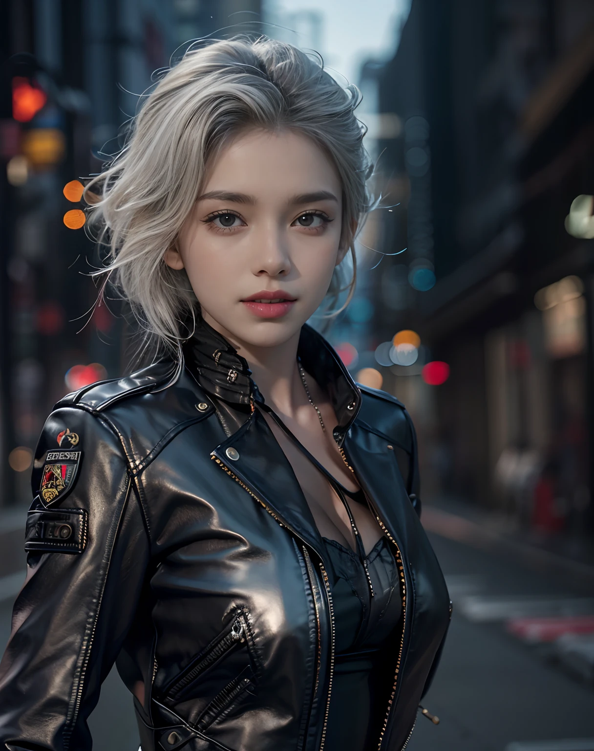 A close up of a woman in a black leather jacket - SeaArt AI