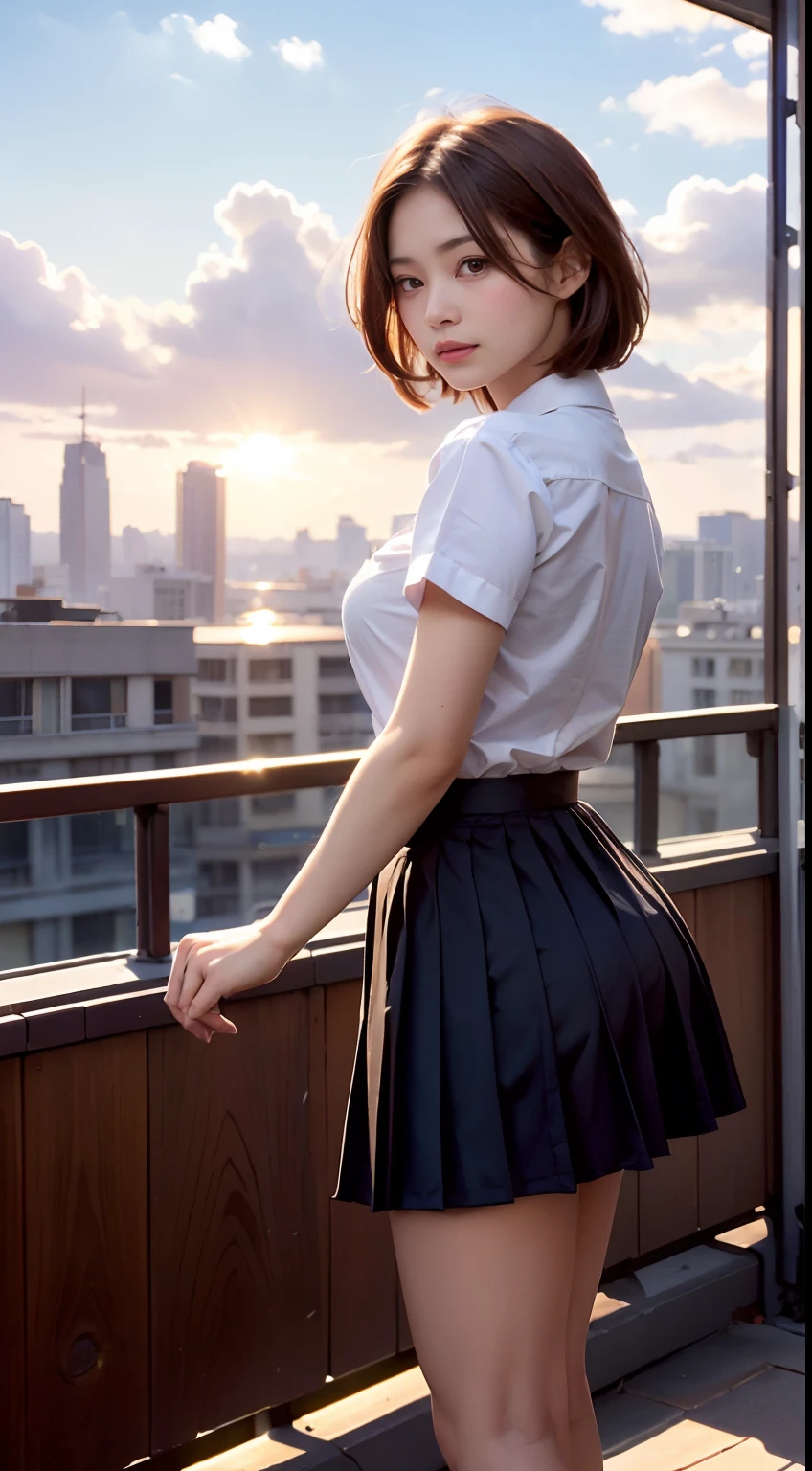 top-quality, masutepiece, High Definition, 16k image, Beautiful High School Girl, （(red blush)), ((Opening legs)), (Medium bob hair), Beautiful light brown hair, beautiful light brown eyes, (plump big breasts), High School Uniform, Constricted waist, White blouse with short sleeves, Pleated skirt , Quiet rooftop of the school, A gentle breeze blows through、The sun shines gracefully in the western sky. Capture this moment when an elegantly dressed schoolgirl in uniform gently tousles her hair in the wind, bathed in the warm hues of the setting sun. Skyscrapers of the city create a beautiful silhouette in the background, While orange clouds stretch across the sky. Convey the serenity and beauty of this fleeting moment.