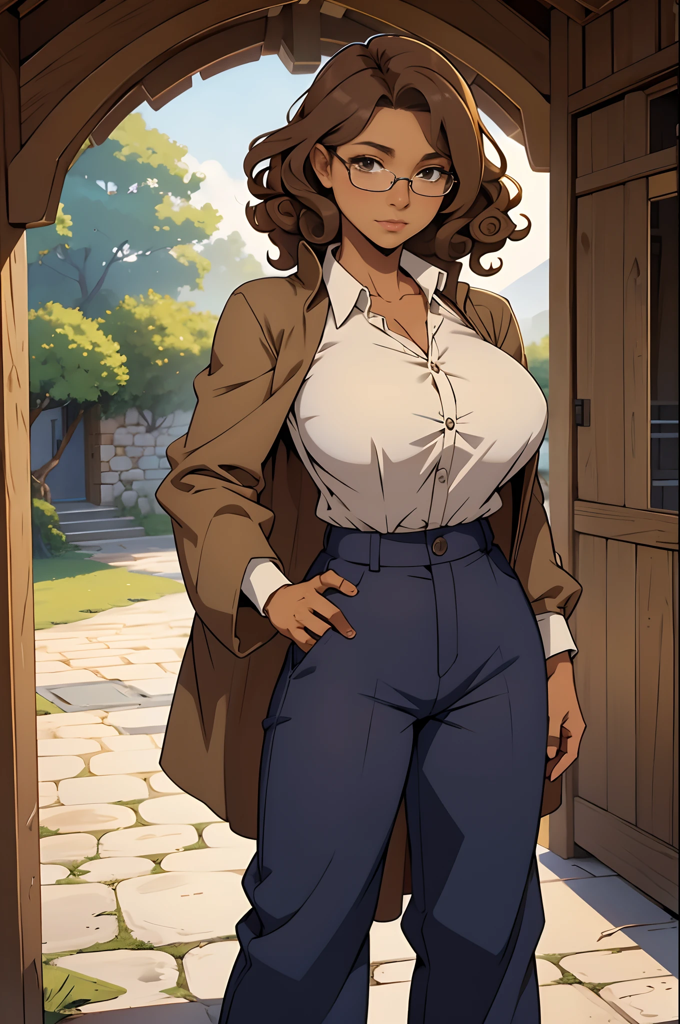 Solo, female, standing, looking at viewer, (tan skin), fantasy village, linen shirt, navy cloak, pants, light brown hair, curly hair, glasses, big breasts