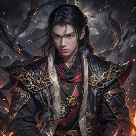 （Explosive ruins）eyes filled with angry，He clenched his fists，Rush up，Deliver a fatal blow to your opponent，full bodyesbian，Full Body Male Mage 32K（tmasterpiece，k hd，hyper HD，32K）Long flowing black hair，Campsite size，zydink， a color， patriot （废墟）， （Linen b...