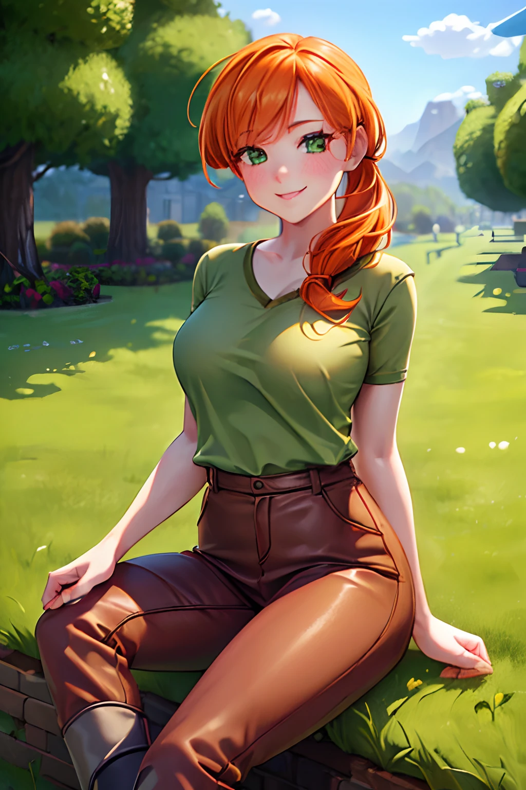 ((high detailed, best quality, 4k, masterpiece, hd:1.3)), 1girl, solo, girl, alex, orange hair, green shirt, brown pants, grey boots, sitting down on grass, smile, laughter