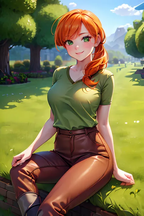 ((high detailed, best quality, 4k, masterpiece, hd:1.3)), 1girl, solo, girl, alex, orange hair, green shirt, brown pants, grey b...