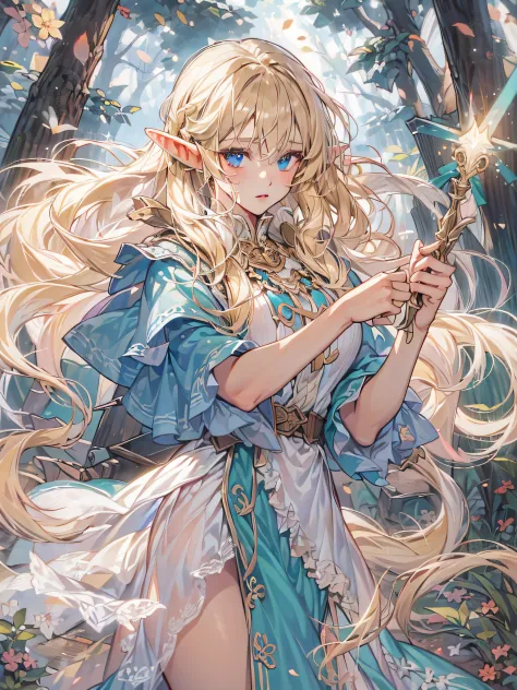 elf girl, blonde long hair, blue eyes, blue dress, having a magic wand, in woods