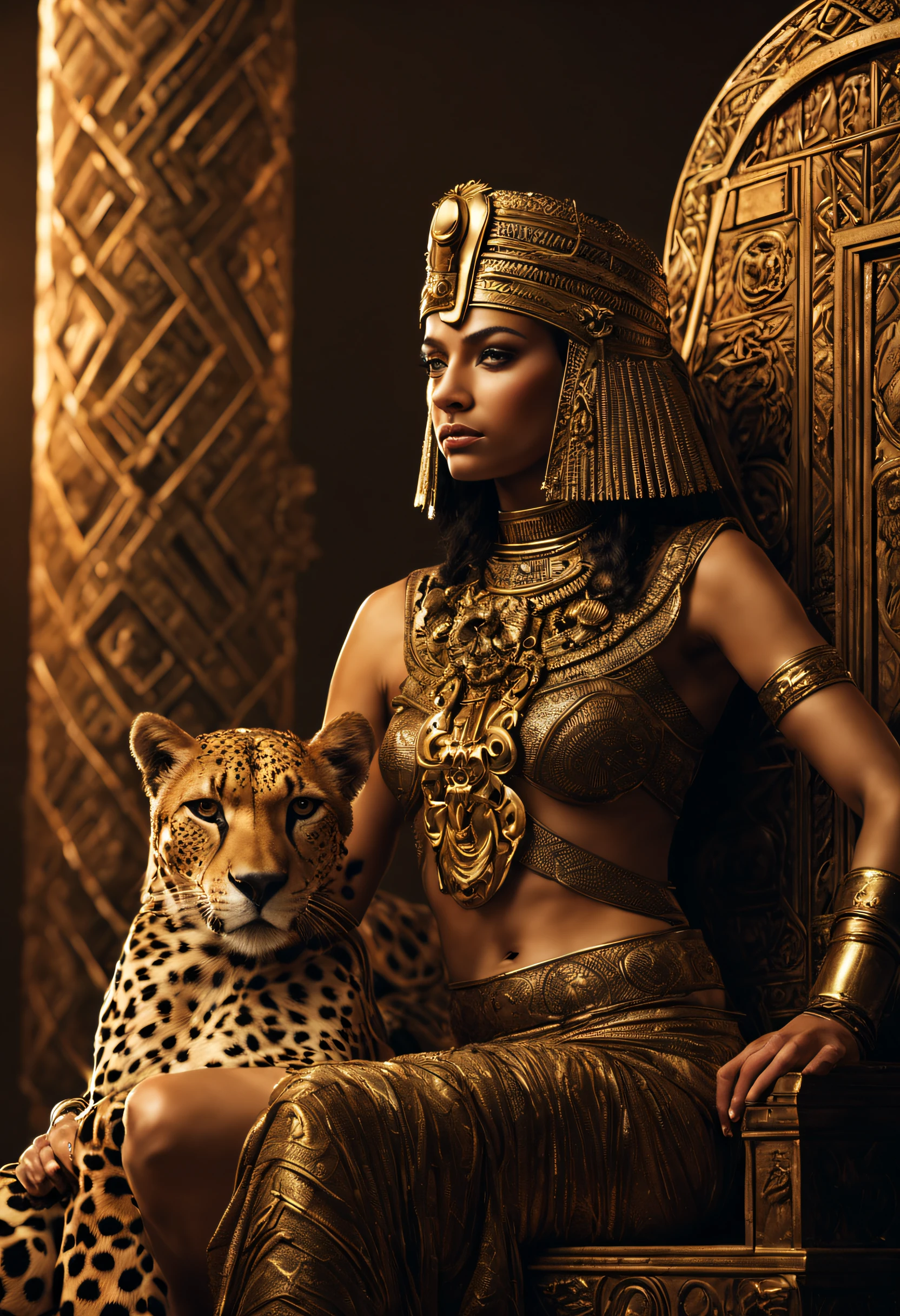 full body, long shot, Cleopatra the last queen of Egypt, Sitting on the queen's throne, Two Cheetah around the throne, Ultra HD Micro Detail, ((Full Body)), (Mysterious Symbols), HD Face, CLEAVENGE, 18-25, Elegant and beautiful, with the aristocracy of ancient Egypt, Regal, slender, graceful, golden ratio figure, ultra detailed face, realistic, incredible composition, stunning depth, majestic, well composed, 16k concept art hyperrealism , photorealistic, beautifully detailed, intricate, extremely detailed, award-winning photos. dark background, neon lighting, ink drawing, geometric splatter art, dynamic, highly detailed, concept art, smooth, sharp focus, illustration, centered, symmetrical, drawn, complex, volumetric lighting, rich Masterpiece in Dark Colors, Sharp Focus, Ultra Detail, Astrophotography, Perfect Composition, Beautifully Detailed Intricately Insanely Detailed Octane Rendering Popular on Art Station, 64k Art Photography, Realistic Concept Art, Soft Natural Volume Film Perfect Lighting, Award W