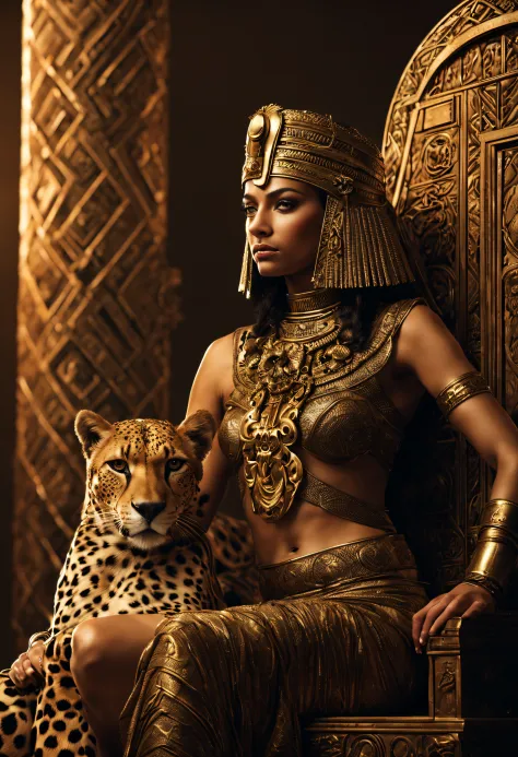 full body, long shot, Cleopatra the last queen of Egypt, Sitting on the queen's throne, Two Cheetah around the throne, Ultra HD ...
