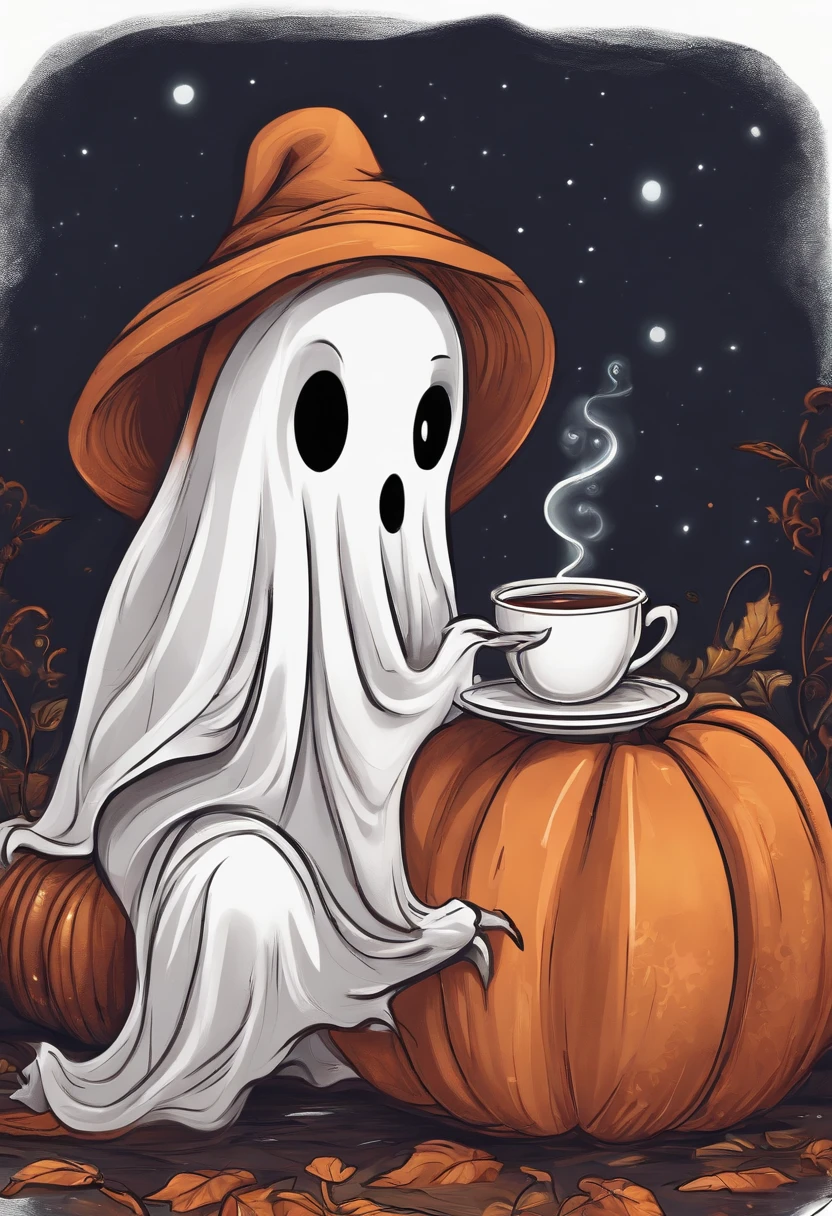 Una caricatura de un fantasma con un sombrero y una taza de café - SeaArt AI