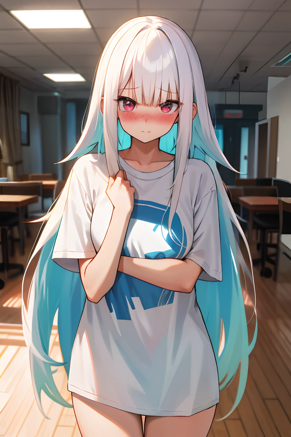 Anime girl with blue hair and white shirt posing in office - SeaArt AI