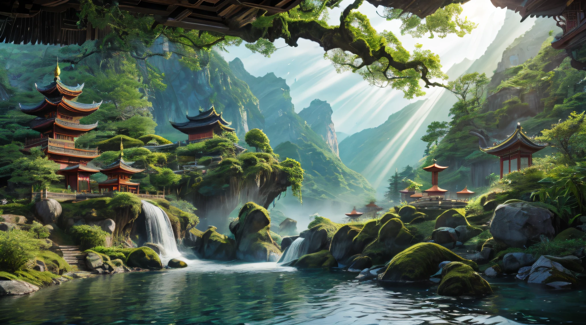 (best quality,4k,8k,highres,masterpiece:1.2),ultra-detailed,(realistic,photorealistic,photo-realistic:1.37),majestic dragon,remote Chinese mountain valley,ancient trees,winding river,ethereal mist,majestic waterfall,dragon scales,glistening with sunlight,ancient stone pagoda,colorful prayer flags,bamboo forest,serene atmosphere,traditional Chinese architecture,peaceful monastery,tranquil meditation garden,sacred incense,sparkling emerald eyes,horns curling towards the sky,elaborate dragon patterns,long, serpentine body,dramatic mountain peaks,floating clouds,distant temple bells,dragon's breath illuminated by sunlight,flickering lanterns,hidden caves,lush greenery,calm and stillness,powerful presence,extraordinary details,awe-inspiring landscape,serenity and tranquility,dragon's wings spread wide,flying gracefully,celestial aura of the dragon,harmony between nature and mythical creatures,sublime beauty of the valley,embodying the spirit of Chinese legends