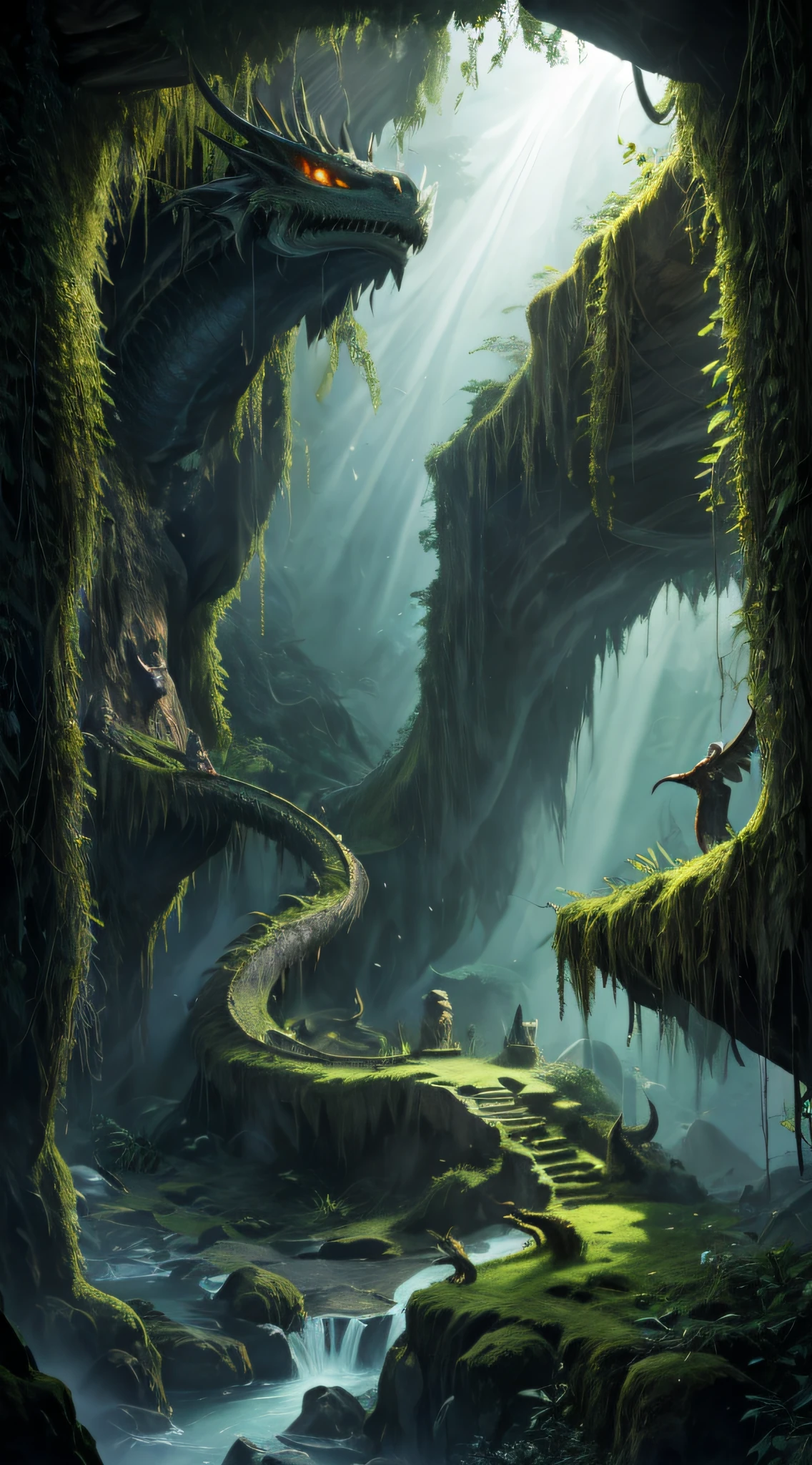 (best quality,4k,8k,highres,masterpiece:1.2),ultra-detailed,(realistic,photorealistic,photo-realistic:1.37), hidden dragon lair in a misty valley, dark atmosphere, suspenseful, mystical, mysterious lighting, ancient stone cave, thick mist, dimly illuminated by ethereal rays of light, moss-covered walls, stalactites hanging from the ceiling, dragon scales shimmering, intricate carvings on the cave walls, vibrant emerald green vegetation, overgrown with vines, veiled by mist, echoing sounds of water dripping, dragon's breath creating an otherworldly fog, a sense of anticipation, flickering shadows, the presence of a sleeping dragon, dragon's eyes glowing with an intense fiery gaze, a secret treasure hidden somewhere in the lair, a sense of danger and adventure, a feeling of being transported to a mythical world.