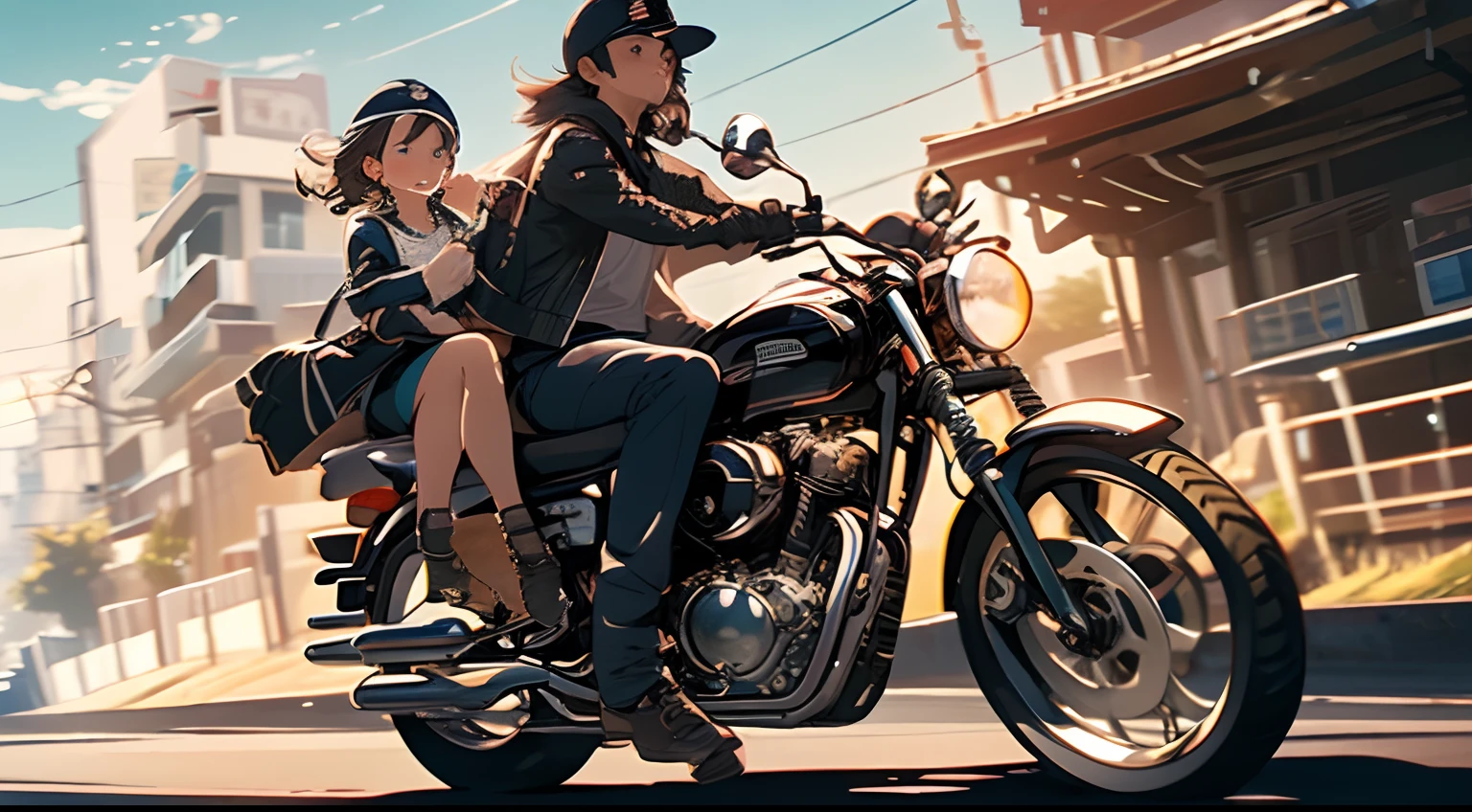Two people on a motorcycle，A man rides a motorcycle，There was a girl sitting in the back seat，On the seaside road of the ancient city，early evening，summer,，photography of, (Ultra photo realsisim), Modern Yang Jie, detailed fantasy art, Stunning character art, fanart best artstation, Epic and exquisite character art, Extremely detailed art, Meticulous digital animation is art