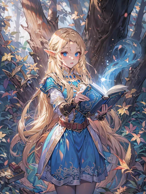 elf girl, blonde long hair, blue eyes, blue dress, having a magic wand and magic book, in woods