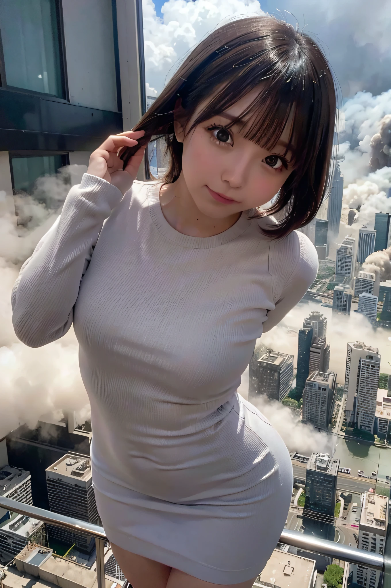  giantess, wearing short dress, GTS city of the year 2222, City buildings, smoke billowing, nube, Tornado, lightning strikes, Evil, realistic lighting, high jump, from low, birds flying,