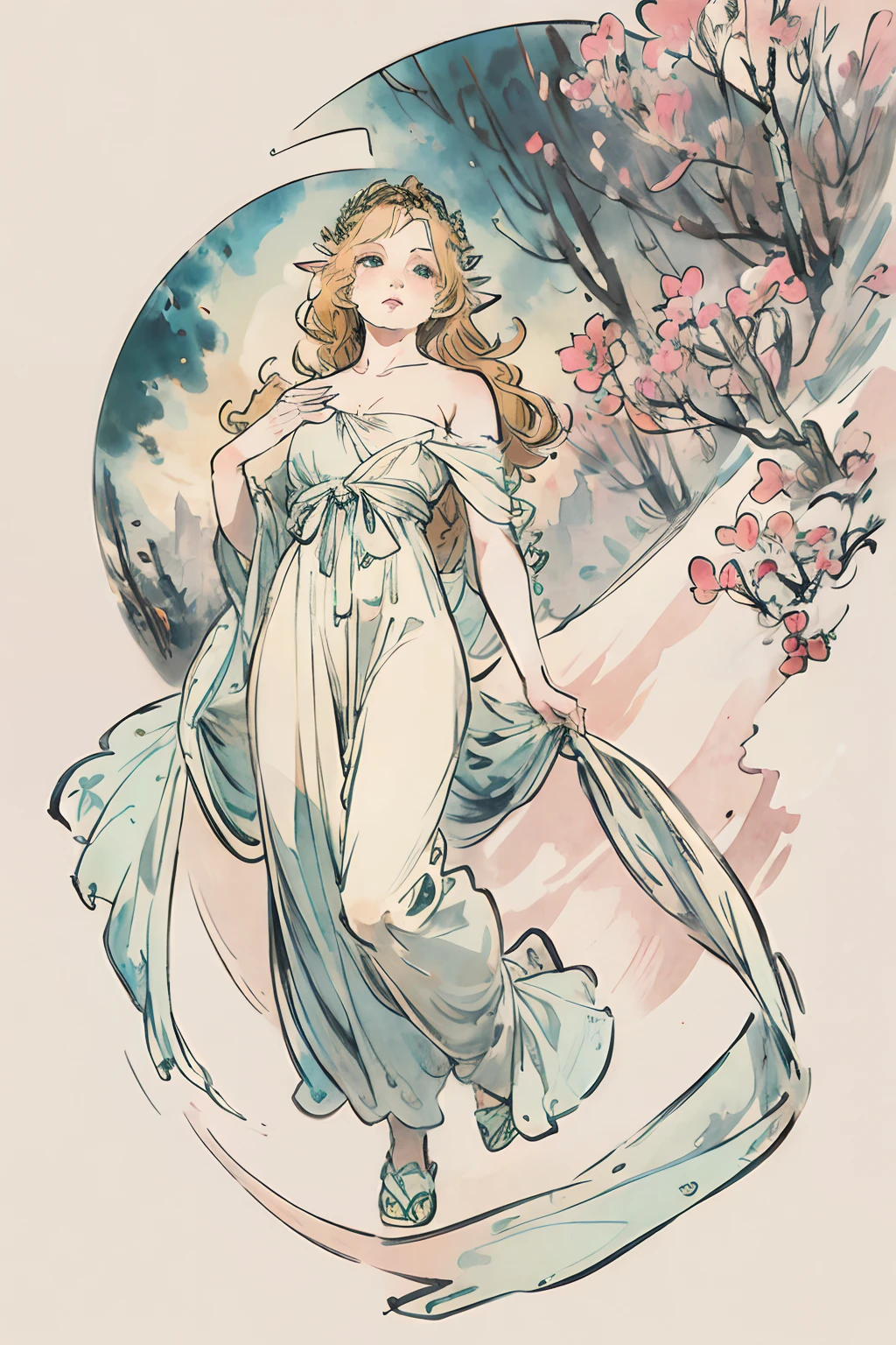 SFW,masutepiece, Best Quality, High resolution, 1girl in, Full body, Details Girl, detail hands, Detail fingers, Detail Face, detail legs, 1girl in, elf, Looking down, Flower Garden, Black sky, smog, watercolor paiting, pale skin, Petite, Blonde hair, Long hair, Wavy Hair, saddened, mournful cry, Green eyes, tareme, medium breasts, white sundress, Bare back,