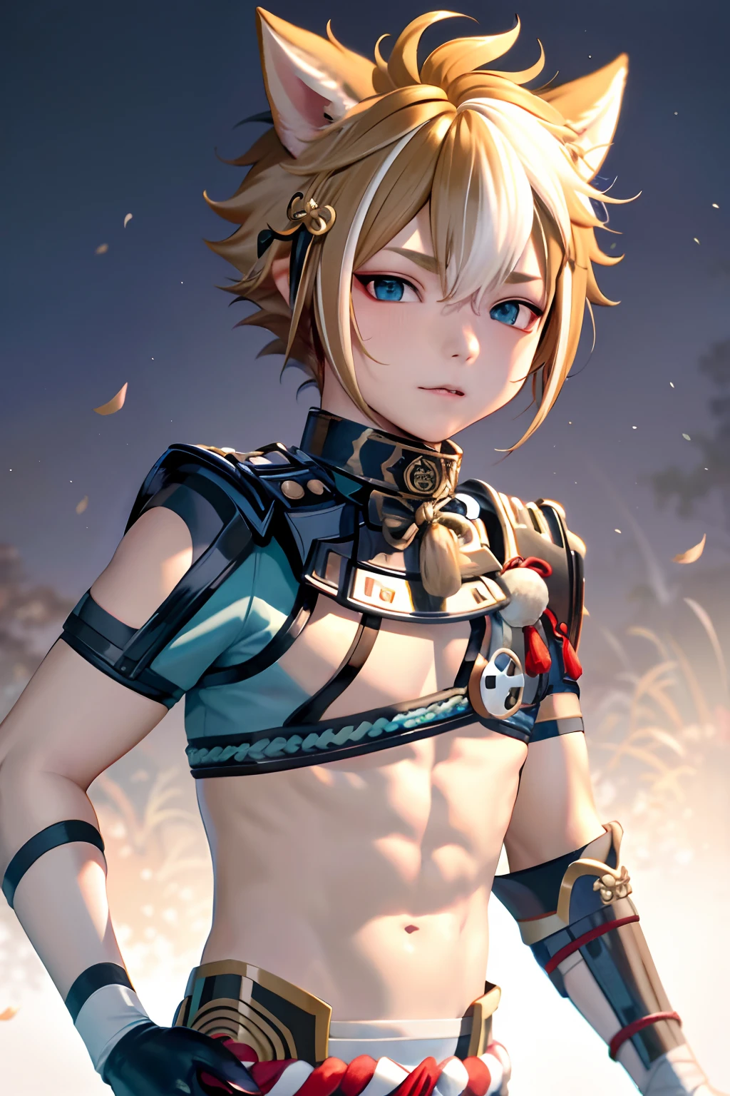 gorou (genshin impact),little boy, 1boy, male focus, animal ears, solo, multicolored hair, brown hair, dog boy, white hair, tassel, dog ears, armor, upper body, streaked hair, bangs,NSFW,small