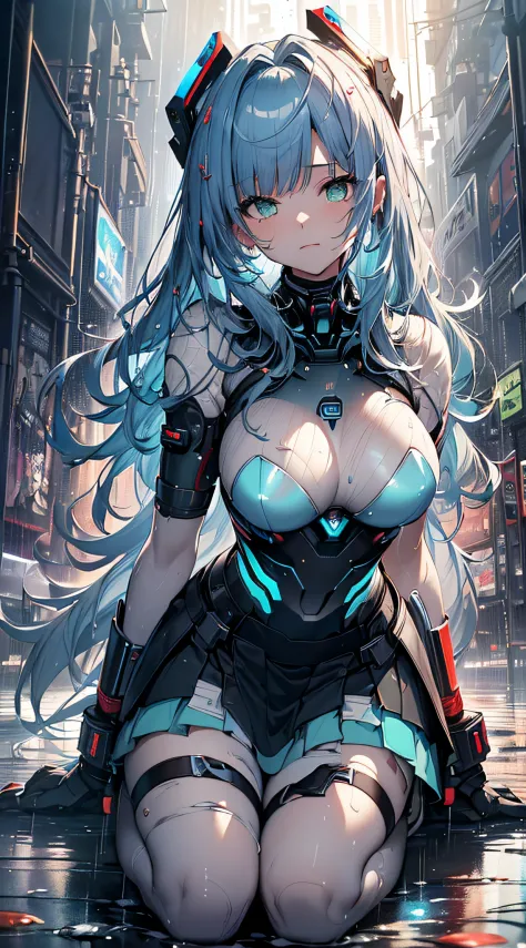 top-quality、Top image quality、​masterpiece、Android Girl((sixteen years old,My whole body is full of wounds、Broken cybersuit glowing black, red and white、Blue energy source for the chest,Best Bust、Bust 90、Light blue shiny hair、Longhaire,Cyber Skirt、Blue-gre...