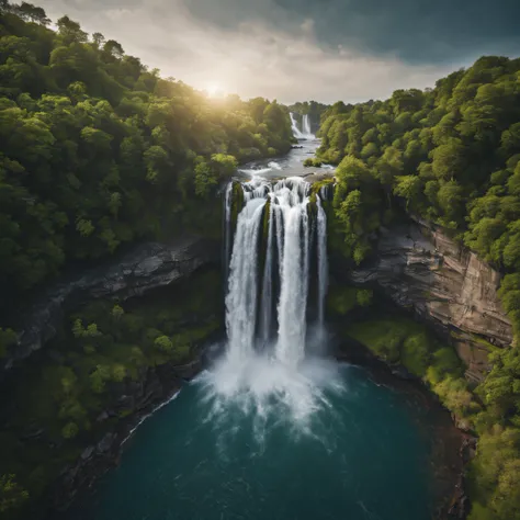 a beautiful shots of waterfall, a drone shots, highly details, realistic image, shots in raw, landscape photography, highly deta...