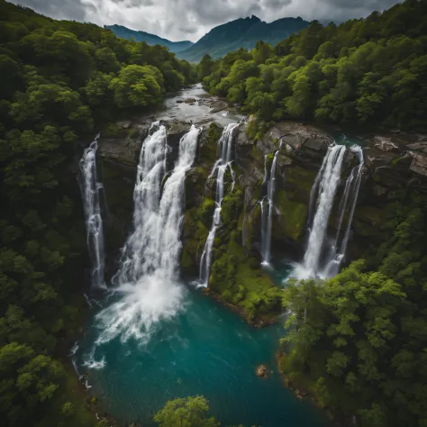 a beautiful shots of waterfall, a drone shots, highly details, realistic image, shots in raw, landscape photography, highly deta...